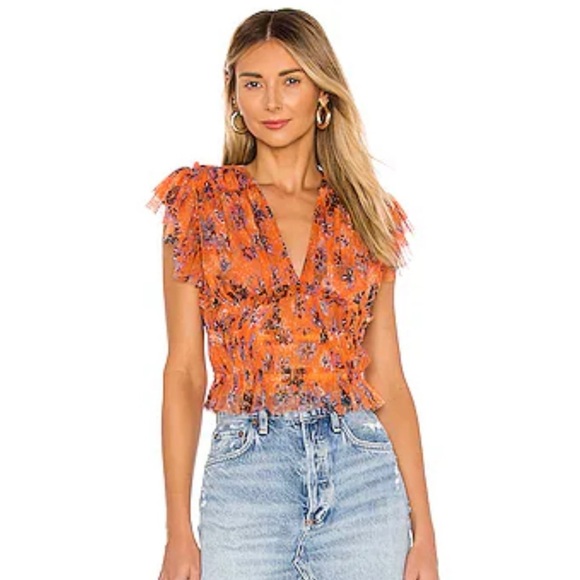Free people orange ruched deep V-neck top - Picture 1 of 7
